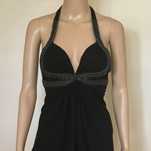 Sky Black Braid Leather Halter Empire Tie Top XS